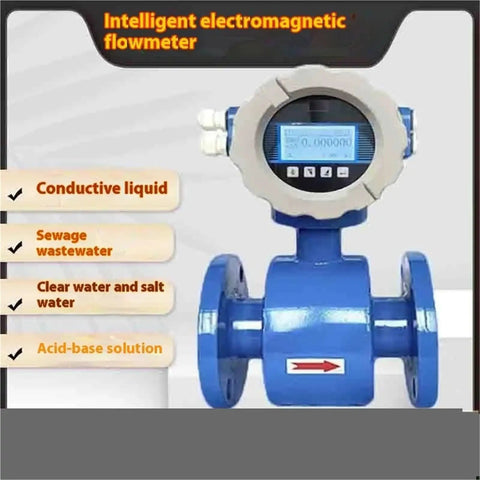 Top Shelf Digital Electromagnetic Flow Meter Offers Hella Accurate Measurement for Oil Liquid Acid Alkaline Sewage RV Water Heater Dn100 Industrial Heavy Duty Pro Build, blue flowmeter with digital display.
