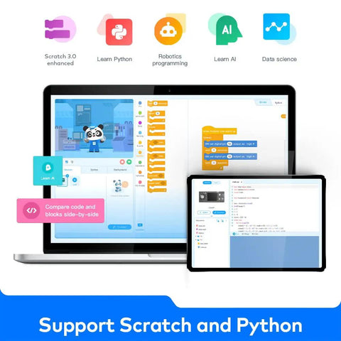 CyberPi Project Based Kit For Kids Ages 8 To 12 With Scratch And Python Coding Support A Fun STEM Programmable Robot With IoT Tech And Built In WiFi Module For Hands On Learning And Real World Projects. Laptop and tablet showing Scratch and Python coding