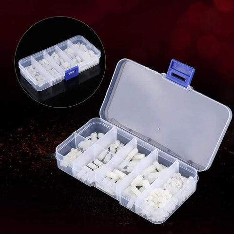 Zero Fuss Nylon Standoff Kit With M2.5 Hex Spacers And Male Female Bolt Nuts, organized nylon fasteners in plastic case.
