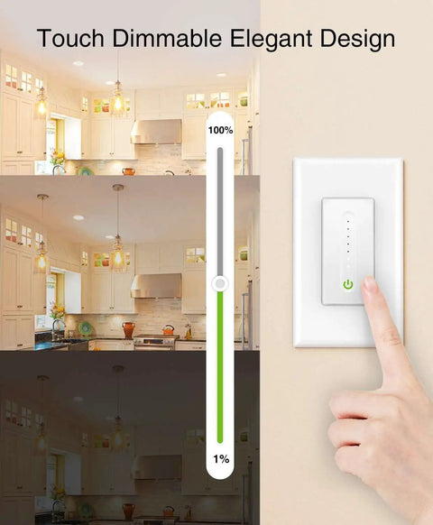 Smart Dimmer Switch That Plays Nice With Alexa And Google Home 2.4GHz WiFi Dimmable LED CFL Bulbs Neutral Wire Required Single Pole Not 3 Way No Hub Required 1 Pack, showing touch control and dimming range.