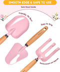 Pink shovel, trowel, and rake with wood handles from Eight Piece Kids Gardening Tool Set With Shovel Rake Watering Can Hat Apron Gloves And Storage Bag Pink Flower Theme Real Tools For Toddlers And Kids In A Fun Handcrafted Style.