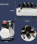 Whisper Quiet 3HP Oil Free Air Compressor 115 PSI 17 CFM 17 Gallon Tank dimensions showing 26 inch height and 38 inch length.