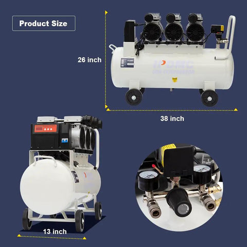 Whisper Quiet 3HP Oil Free Air Compressor 115 PSI 17 CFM 17 Gallon Tank dimensions showing 26 inch height and 38 inch length.