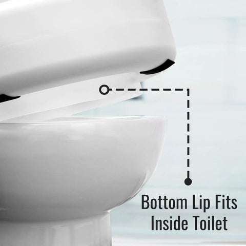5 Inch Elevated Toilet Seat Riser For Seniors With Round Bowl Slip Resistant Pads Cushioned Comfort Easy Sit To Stand Boost Stable Design FSA HSA Eligible showing bottom lip fitting inside toilet.