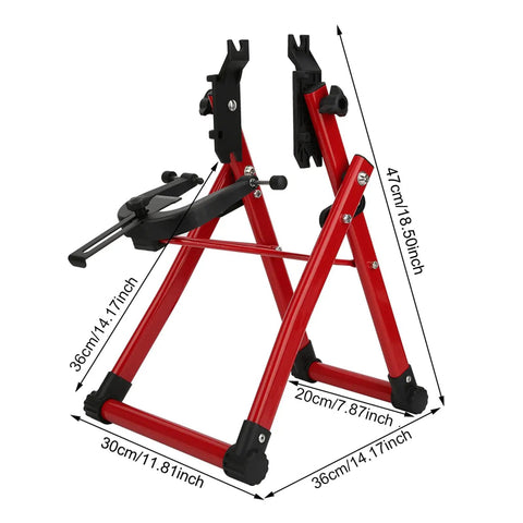 Bike Wheel Truing Stand With Ruler And Thimble, Foldable Aluminum Alloy Build, red frame, adjustable, for 24-28 inch bikes