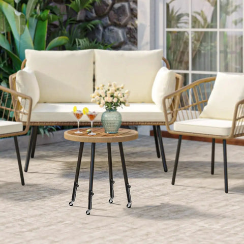 Straight Up Heavy Duty Metal Furniture Legs With Smooth Roll Caster Wheels Four Pack Table Risers on a wooden table in a outdoor setting.