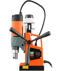 Killer Magnetic Drill Press Packing Heavy Duty Electric Core Drilling Muscle 1450W Copper Motor Cranking At 850 Rpm With Rock Solid Electromagnetic Base For Steel Plate Jobs And 11 Piece Coring Bit Set Included - Front view with handle and controls.
