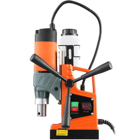 Killer Magnetic Drill Press Packing Heavy Duty Electric Core Drilling Muscle 1450W Copper Motor Cranking At 850 Rpm With Rock Solid Electromagnetic Base For Steel Plate Jobs And 11 Piece Coring Bit Set Included - Front view with handle and controls.