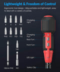 Cordless Power Screwdriver Kit With USB Cable And LED Lights, showing bits, ergonomic design, and charge indicators for DIY projects