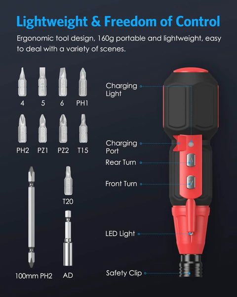 Cordless Power Screwdriver Kit With USB Cable And LED Lights, showing bits, ergonomic design, and charge indicators for DIY projects