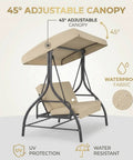 Three Seat Outdoor Patio Swing With Adjustable Canopy And Backrest Convertible Glider Bed On Stand Removable Cushions 45 Degree Tilt For Backyard Poolside Or Balcony 750 Lbs Weight Capacity with canopy tilted 45 degrees showing waterproof fabric and UV protection
