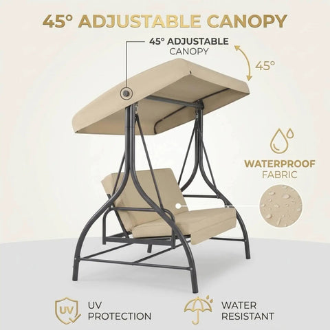Three Seat Outdoor Patio Swing With Adjustable Canopy And Backrest Convertible Glider Bed On Stand Removable Cushions 45 Degree Tilt For Backyard Poolside Or Balcony 750 Lbs Weight Capacity with canopy tilted 45 degrees showing waterproof fabric and UV protection