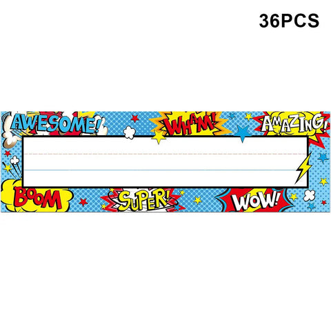 36 Pack Classroom Name Plates For Kids With Large Writing Space, comic book design, colorful border, blank center, 36PCS