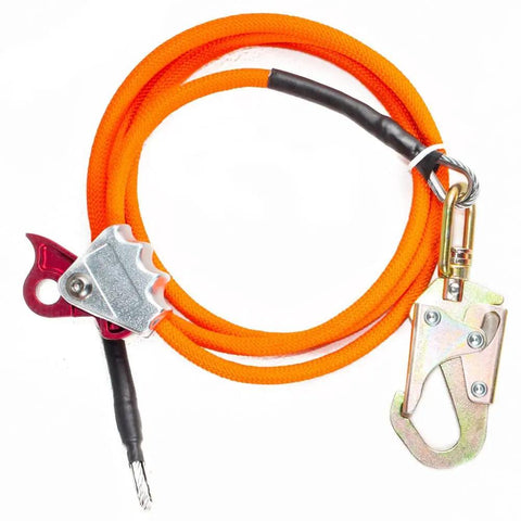 Half Inch Steel Core Flipline Kit For Tree Climbing Eight Foot Adjustable Lanyard Pro Grade Heavy Duty Arborist Rope With Steel Wire Core Secure Harness Lanyard Flipline For Climbing Trees, showing orange rope and metal clip.