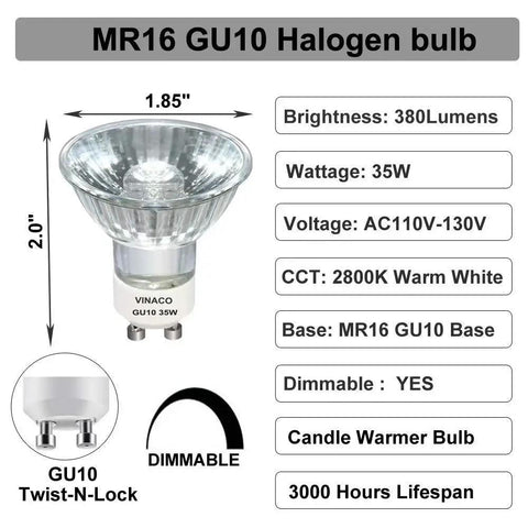 Six Pack 35W Dimmable GU10 Bulbs With 380 Lumens Warm White 2800K For Candle Warmer Lamps And Track Lighting No Flicker