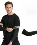 Heavy Duty Cut Resistant Arm Sleeves, Anti Puncture High Risk Guard For Thin Skin, Advanced Weave Featuring Seamless Stitching, Black One Size worn by man holding knife.