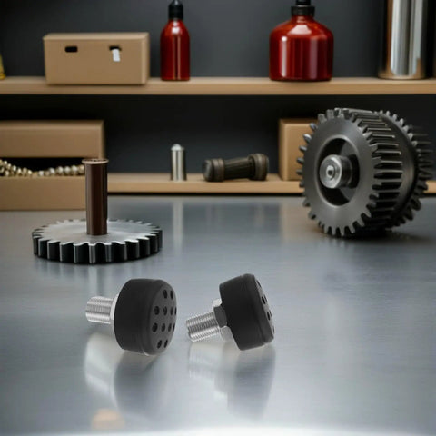 Roller Skate Toe Stops and Rubber Brakes Replacement Set For Indoor and Outdoor Skating on a metal surface with gears nearby