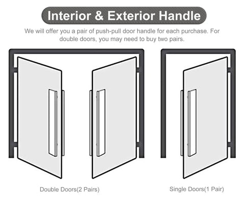 Diagram showing installation options for Two Sided Wooden Door Pull Handle For Front And Back Doors And Yard Gate, including double and single doors.
