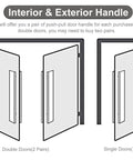 Illustration showing Modern Wooden Door Handle Set Push Pull For Entry Doors Back To Back Grip Natural Finish For Glass And Sliding Doors Easy Install With Hardware Included 59 Inch 150 Cm Built To Last, front view on double and single doors.