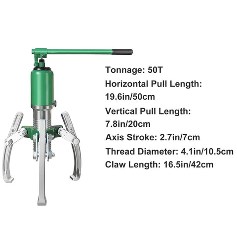 Beefy 50 Ton Hydraulic Gear Puller Tool Kit For Bearing, Shaft And Bushing Removal With Non Slip Handle, detailed specs view.