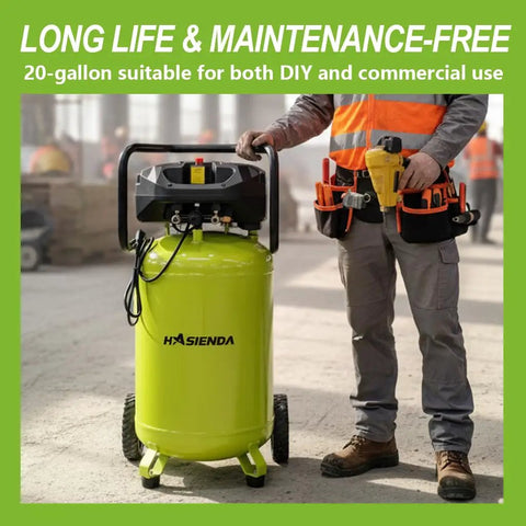 Hasiendea 20 Gallon Vertical Air Compressor, 150 PSI Max Oil-Free With Brushless Motor. Quiet Workshop Unit For Garage Painting, Carpentry, Auto Repair & Nailin'. Includes 4 Piece Tool Bundle Set