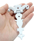 4 Pieces T Strap Hinges Set 4.45 Inch By 2.72 Inch Antique White Tee Hinge held in hand, zinc alloy, decorative for cabinets and drawers.