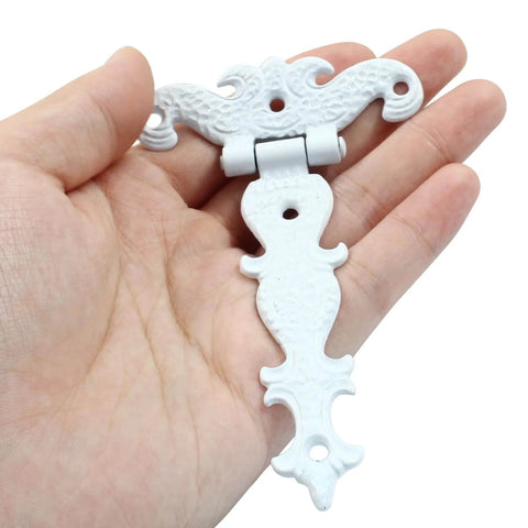 4 Pieces T Strap Hinges Set 4.45 Inch By 2.72 Inch Antique White Tee Hinge held in hand, zinc alloy, decorative for cabinets and drawers.
