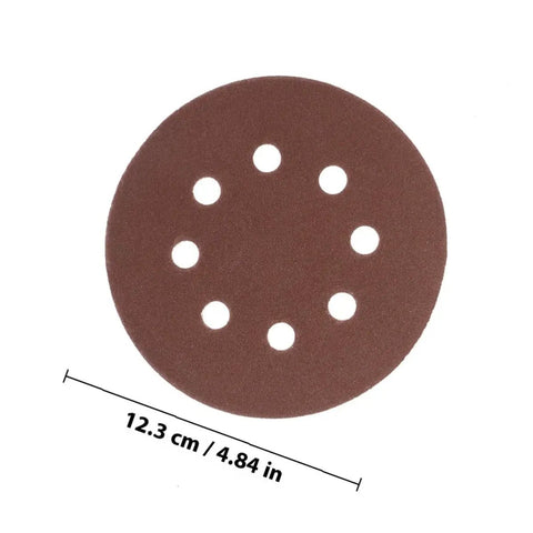 Super Tough 40 Piece 5 Inch Ultra Fine Aluminum Oxide Sanding Discs With Eight Hole Hook Loop Backing For Random Orbital Sanders And Auto Detailing Jobs In Assorted Grits 60 To 240 For Smooth Woodwork And Finish Work - brown sanding disc showing eight holes.