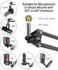 Heavy Duty Microphone Arm Stand With Suspension Boom, Anti Scratch Desk Clamp Up To 2 Inches, Fixed Knob Lock Prevents Sag, Includes 3/8 To 5/8 Inch Adapter, Perfect For Voiceover, Gaming, Streaming, Recording, And Home Studio Setup, showing adapter compatibility with various microphones.