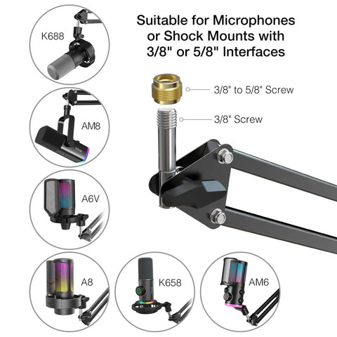 Heavy Duty Microphone Arm Stand With Suspension Boom, Anti Scratch Desk Clamp Up To 2 Inches, Fixed Knob Lock Prevents Sag, Includes 3/8 To 5/8 Inch Adapter, Perfect For Voiceover, Gaming, Streaming, Recording, And Home Studio Setup, showing adapter compatibility with various microphones.