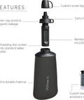 Features of Peak Series Collapsible Water Filter Bottle 1L Squeeze Hydration System including membrane microfilter and custom top cap.