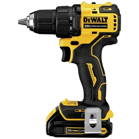 Side view of a Compact 20V Cordless Drill And Driver Kit With Brushless Motor Half Inch Chuck Ultra Lightweight At Two Point Four Pounds Handy For Tight Spaces With A Variable Speed Trigger For Precise Control On Delicate Surfaces.