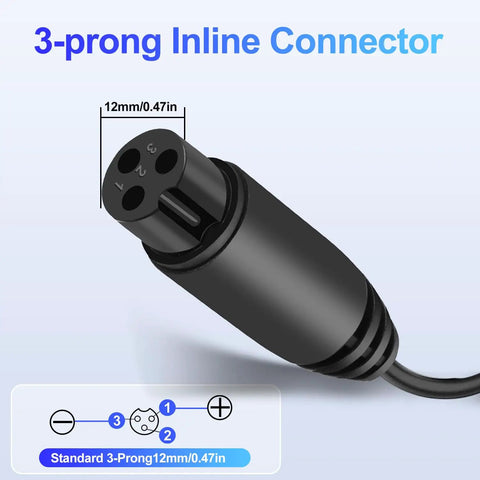3-prong connector of 24V Replacement Charger Cable, 6.6Ft Long, For Razor MX350 MX400 E300 E200 E150 E125 E100