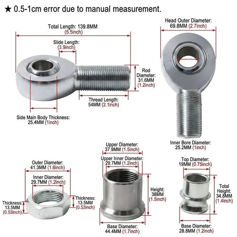 Knockout Beefy Heim Joint Rod End Kit dimensions and specifications including various diameters and lengths for drag racing use.
