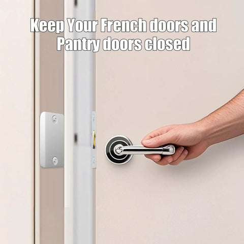 Upgraded Super Sturdy Magnetic Door Catch Adjustable Silent Ball Latch For Closet And French Doors Concealed Heavy Duty Slide Replacement Clean Silver 2 Pack installed on a door handle.