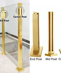Heavy Duty 304 Stainless Steel Glass Railing Post With Smooth Brushed Finish and Rock Solid Base displayed with end, mid, and corner post types.