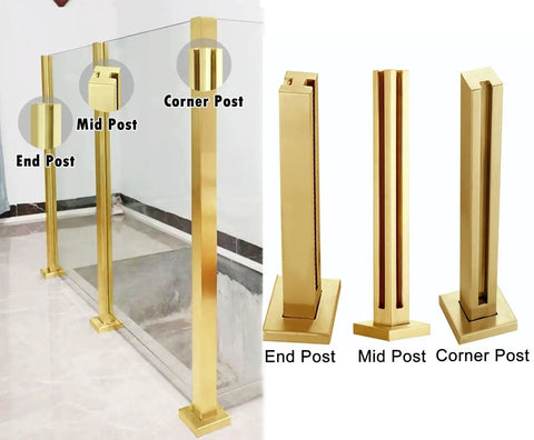 Heavy Duty 304 Stainless Steel Glass Railing Post With Smooth Brushed Finish and Rock Solid Base displayed with end, mid, and corner post types.