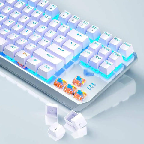 Kick Ass Mechanical Gaming Keyboard 87 Keys Tenkeyless Build Hella Smooth Typing showing LED lighting and blue switches.