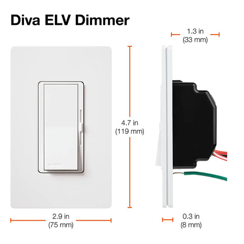 Diva Electronic Low Voltage Dimmer 300W Single Pole Paddle Switch With Small Slide Dimmer White Finish Built In Soft Glow Night Light Power Failure Memory Superior RFI Suppression UL CSA Listed