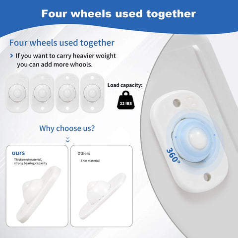 Self Adhesive Mini Caster Wheels For Kitchen Appliances 8 Pieces Universal 360 Degree Swivel Sliders load capacity 22 lbs