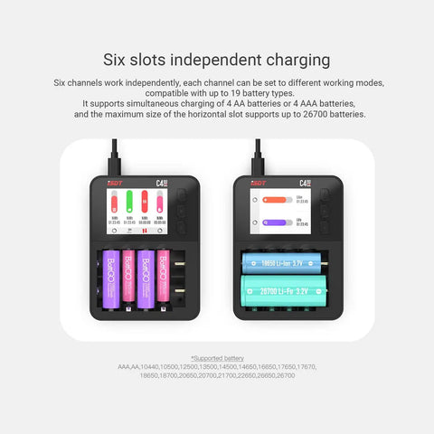 Six Slot Smart Battery Charger And Analyzer With LCD Display For AA AAA 18650 Rechargeables in use with different battery types