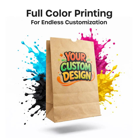 Custom Kraft SOS Bags With No Handles, 12 Pound Capacity, 100 Count, Full Color Printing For Branding, brown bag with splash background