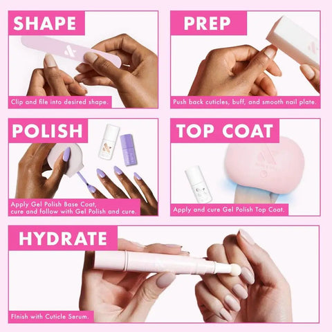 Step-by-step guide using Gel Nail Polish Set With 6 Bestselling Shades HD KMC Pink Goldfish Icing Is The Best Part Prom XOXO Plus Gel Top Coat