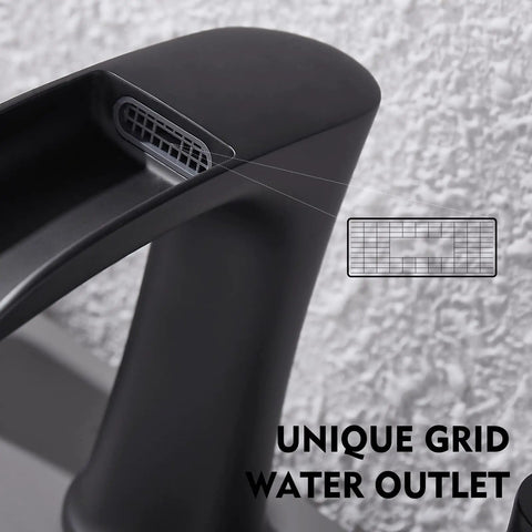 Close-up of a Matte Black Bathroom Faucet With Drain 8 Inch Widespread Three Hole Two Handle Sink Faucet Durable Anti Corrosion Finish