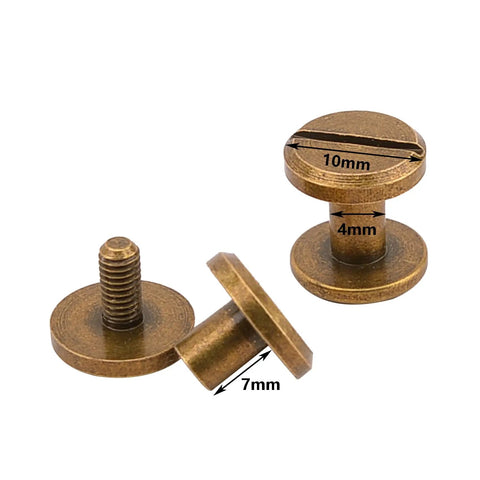 Premium Slick Heavy Duty 10 Pack 1/4 Inch Chicago Screws Brass Quick Detach Rivet Fasteners showing threaded posts and round tops.
