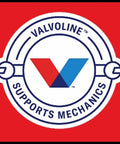 Logo with 'Valvoline Supports Mechanics' text and wrench design on red background.