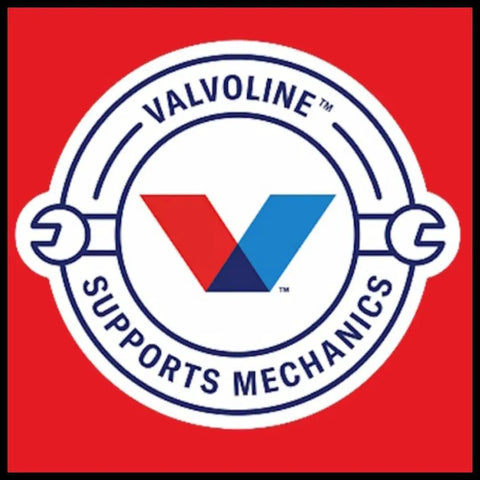 Valvoline logo with wrench design and slogan 'Supports Mechanics' on a red background.