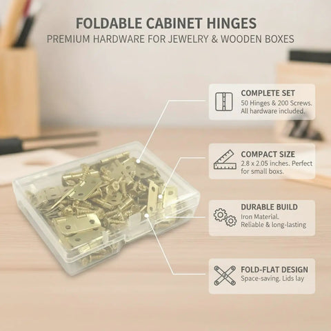 Flush Lid Foldable Iron Hinges For Jewelry Boxes And Small Wood Crafts, 50 Pack Kit with screws in plastic case.