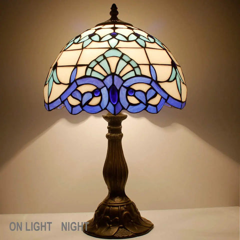 Navy Blue Baroque Tiffany Style Table Lamp With Stained Glass Finish For Desk Bedside Reading Light 12 By 12 By 18 Inches Decor