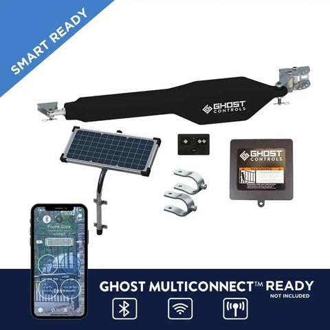 Solar Gate Opener Kit for Driveway Swing Gates Up To 20 Feet and 900 Pounds with Remote, arm, control box, solar panel shown.